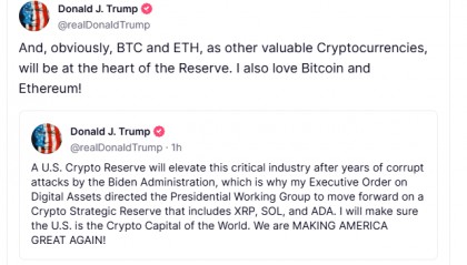 特朗普发文推动国家加密货币储备：提及 BTC ETH XRP SOL ADA