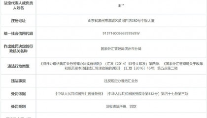 违反规定办理结汇业务，中行滨州分行被外汇局罚没近130万