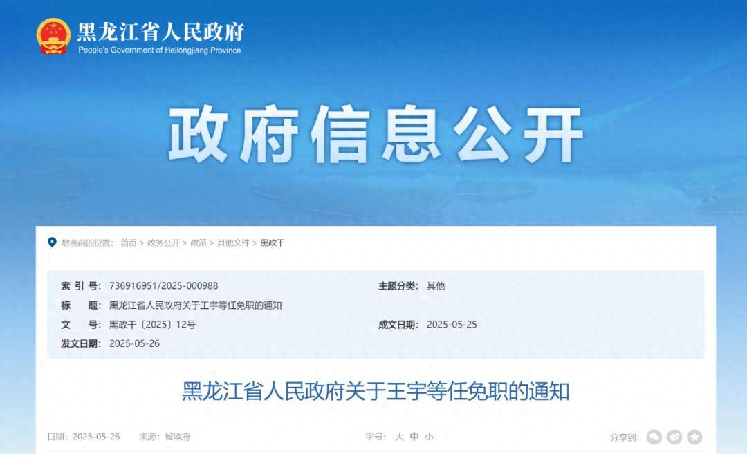 黑龙江省人民政府任免通知