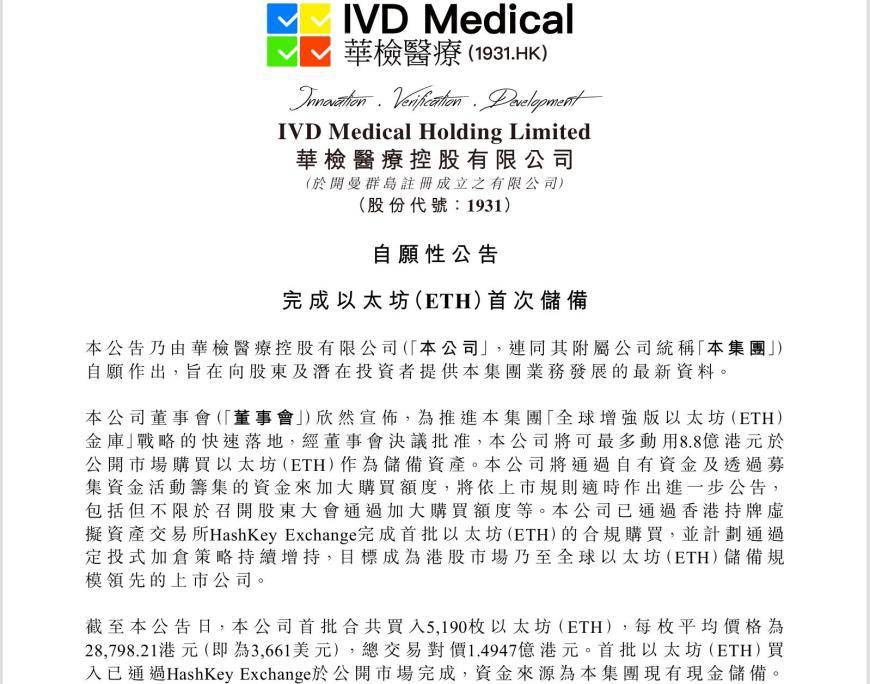 首批买币净赚1400万港元,华检医疗(01931)“亚洲首家以太坊金库”太超前